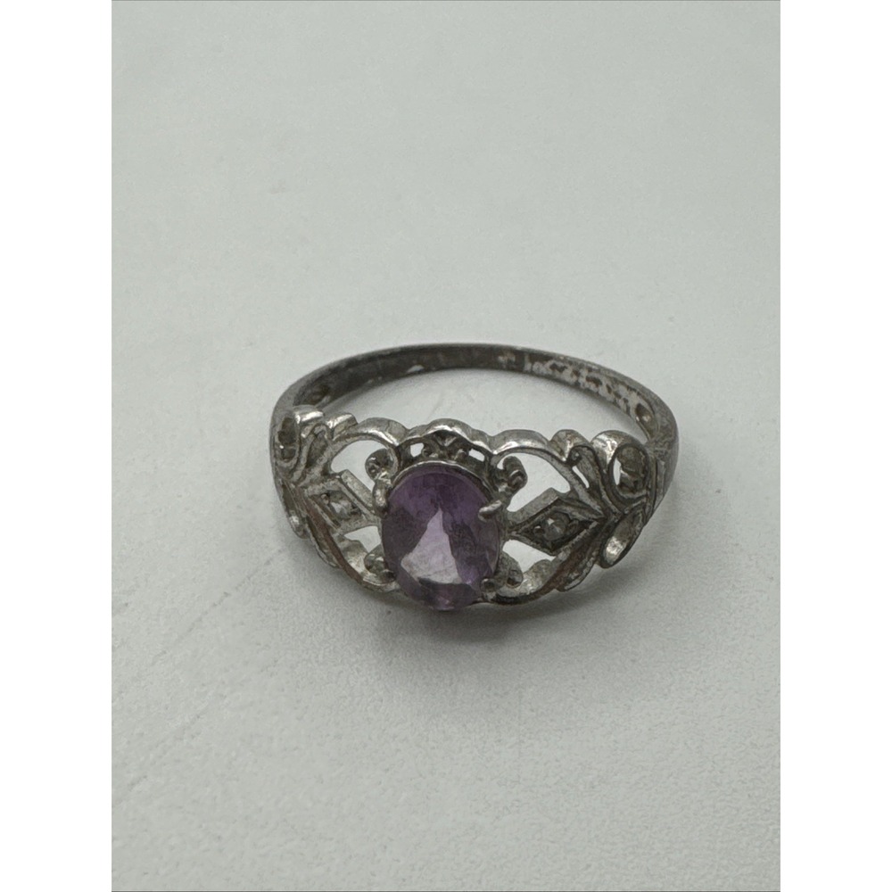 Vintage Sterling Silver Filigree Ring 925 W/ Amethyst Size 10 Marked RJ